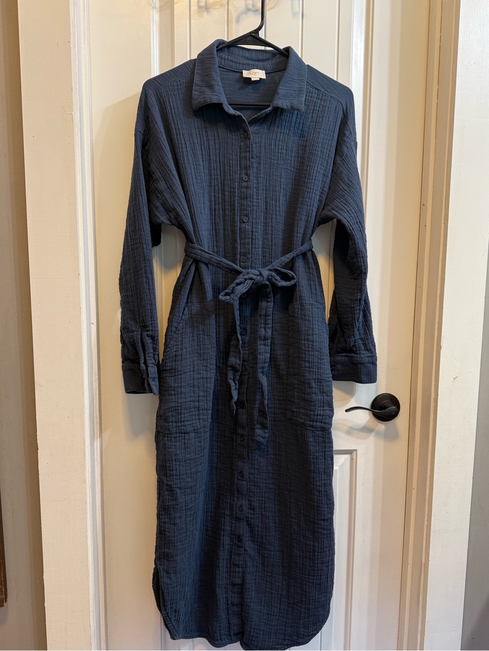 LOFT 100% Cotton Slate Gray Textured Button-front Dress